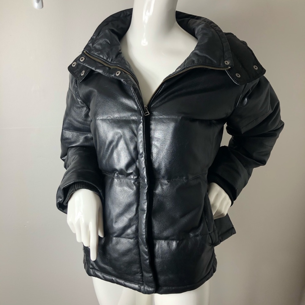Genuine Black Leather Puffer Coat Bomber Hood L